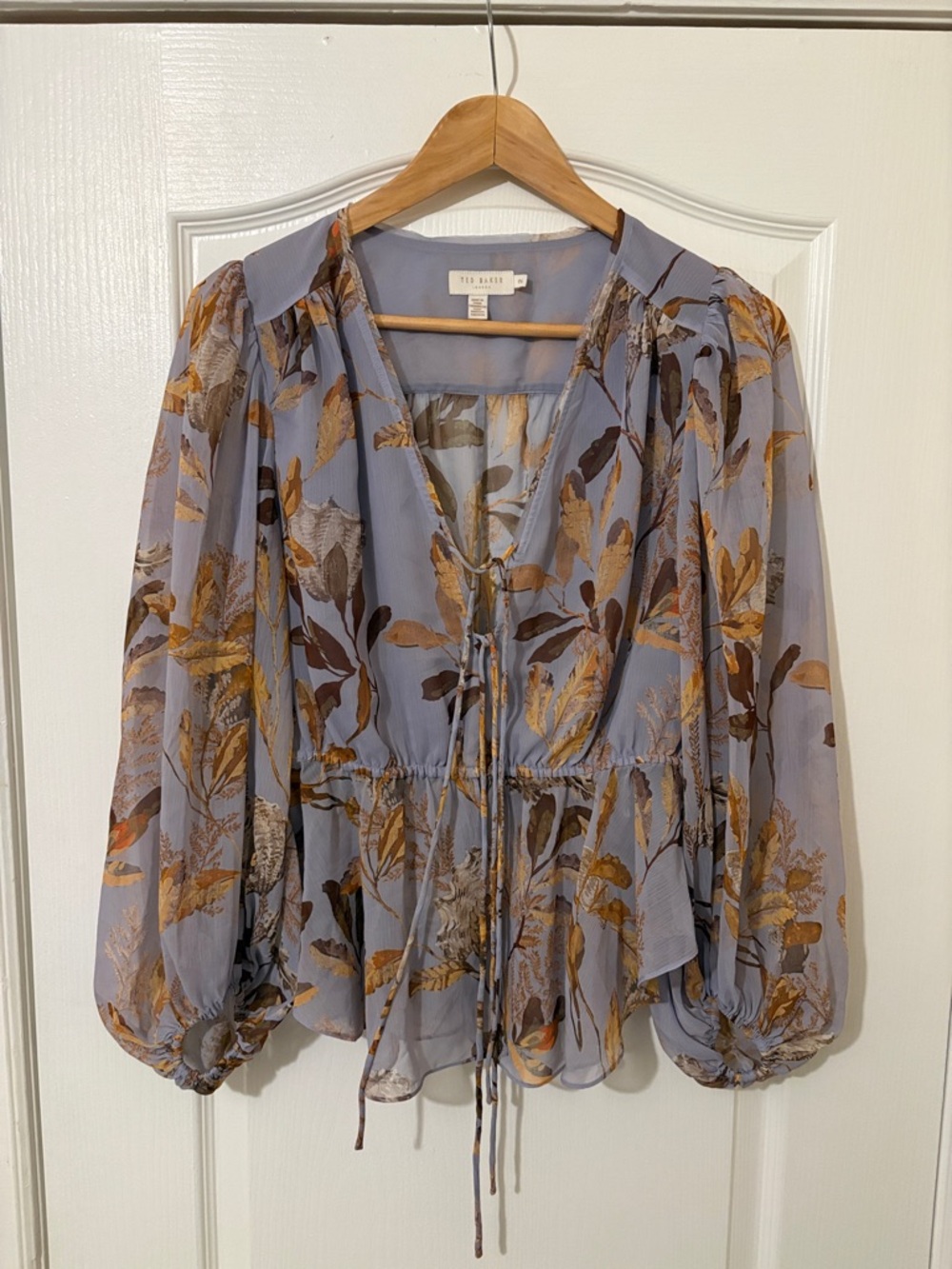 Ted Baker Dusty Blue/Lavender Floral Tie-Front Blouse